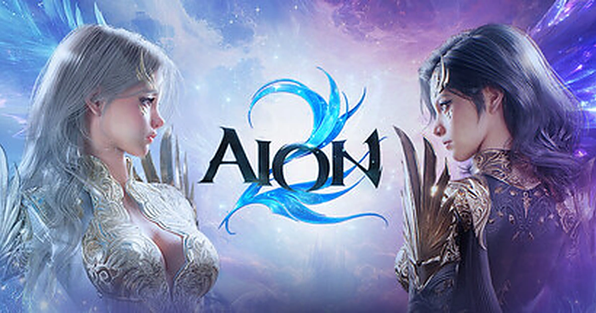 ภาพคีย์อาร์ตทางการของเกม AION 2 แสดงตัวละครฝั่งแสงสว่างและฝั่งความมืดพร้อมโลโก้ชื่อเกม