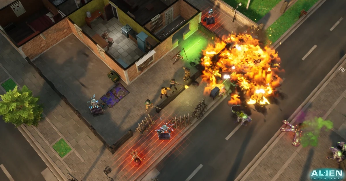 ภาพเกมเพลย์การป้องกันฐานและการต่อสู้กับเอเลี่ยนในเกม Alien Apocalypse