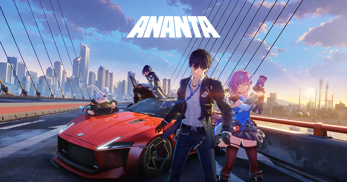 โลโก้เกม Ananta และตัวละครหลักบนสะพานเมือง Nova City