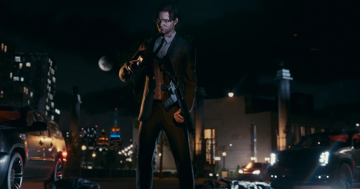 ภาพปกแนะนำเกม BLACKWOOD แสดง Anton Blackwood ในชุดสูทถือปืนท่ามกลางมหานครนิวยอร์กยามค่ำคืน