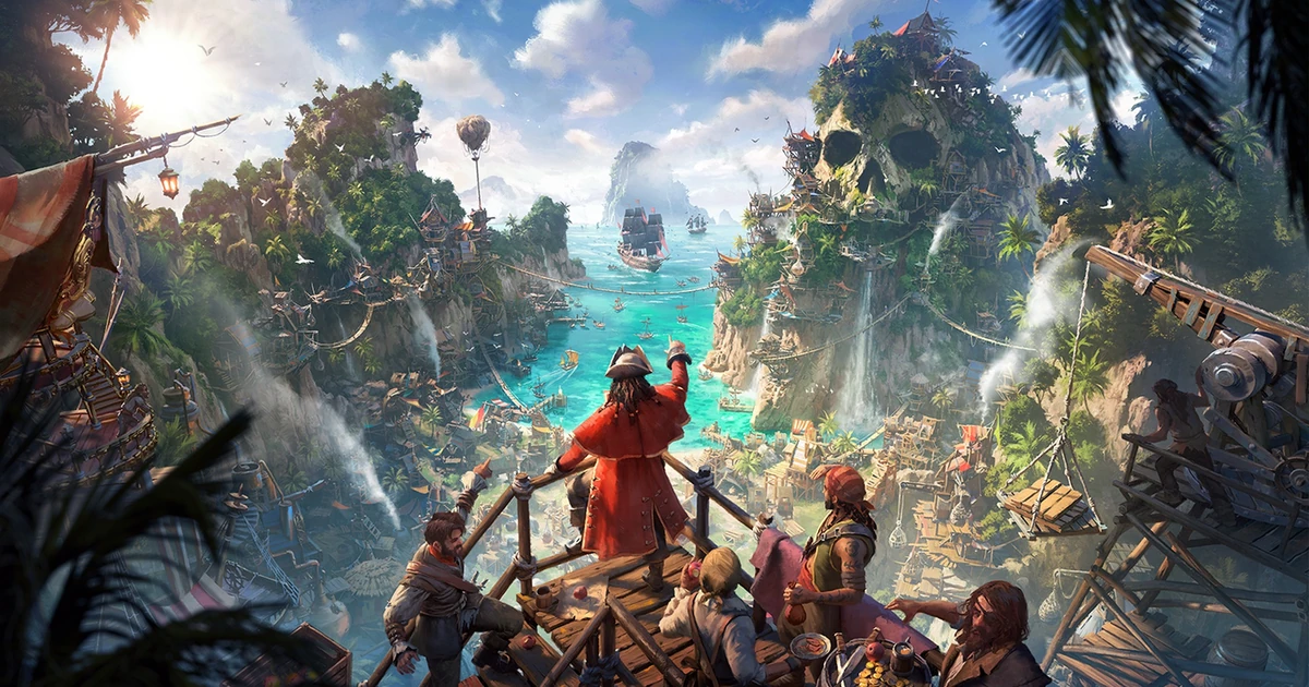 ภาพคีย์อาร์ตของเกม Corsair Cove แสดงรังโจรสลัดบนเกาะเขตร้อนและกองเรือใบในอ่าวทะเล