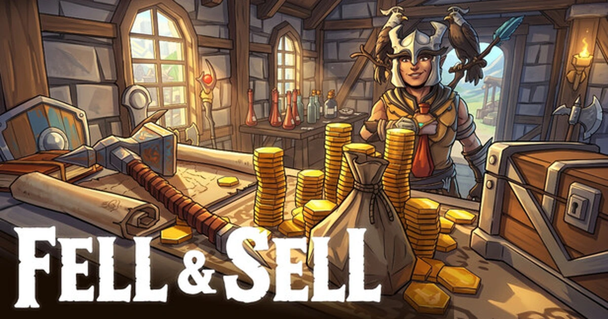 ภาพคีย์อาร์ตทางการของเกม Fell & Sell แสดงตัวละครสวมหมวกเกราะถือถุงเงินบนเคาน์เตอร์ร้านค้า