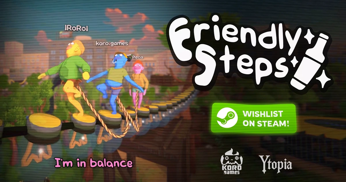 ภาพโลโก้และงานศิลป์ทางการของเกม Friendly Steps บนพื้นหลังฉากเกม