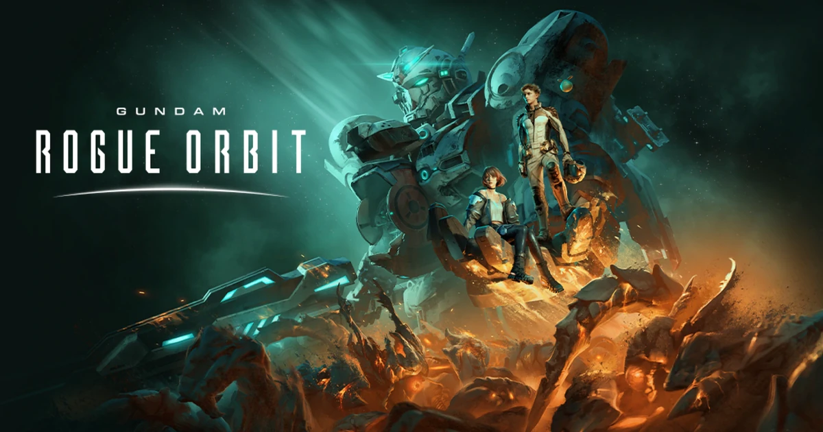 ภาพปกคีย์อาร์ตทางการของเกม Gundam Rogue Orbit แสดงโลโก้เกม หุ่น Gundam Helix และนักบิน RE-X