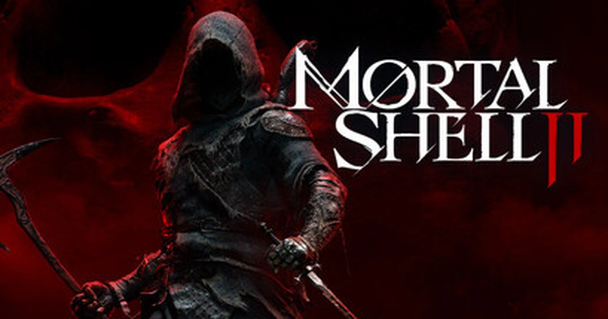 ภาพปกบทความข่าว Mortal Shell II แสดงตัวละครนักรบคลุมฮู้ดและโลโก้เกม MØRTAL SHELL II บนพื้นหลังสีแดงดำ