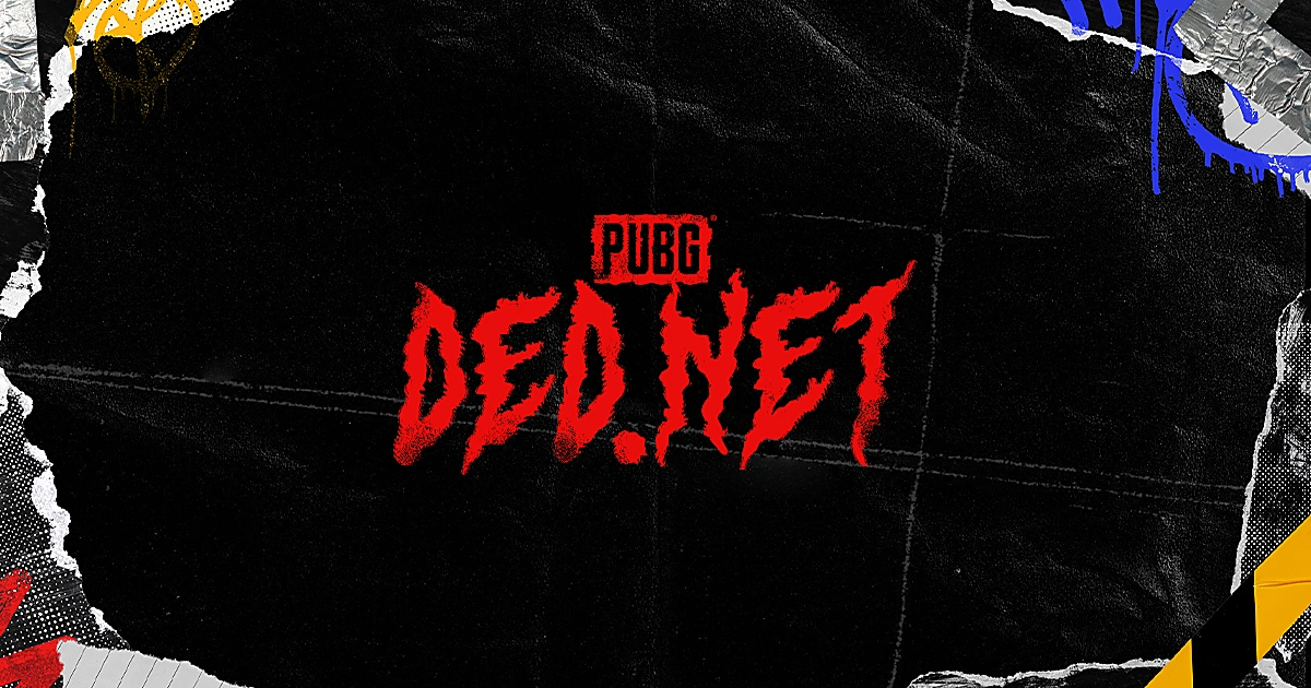 ภาพคีย์อาร์ตทางการ PUBG: DED.NET โลโก้สีแดงเลือดบนพื้นหลังกรันจ์ขอบกระดาษฉีก