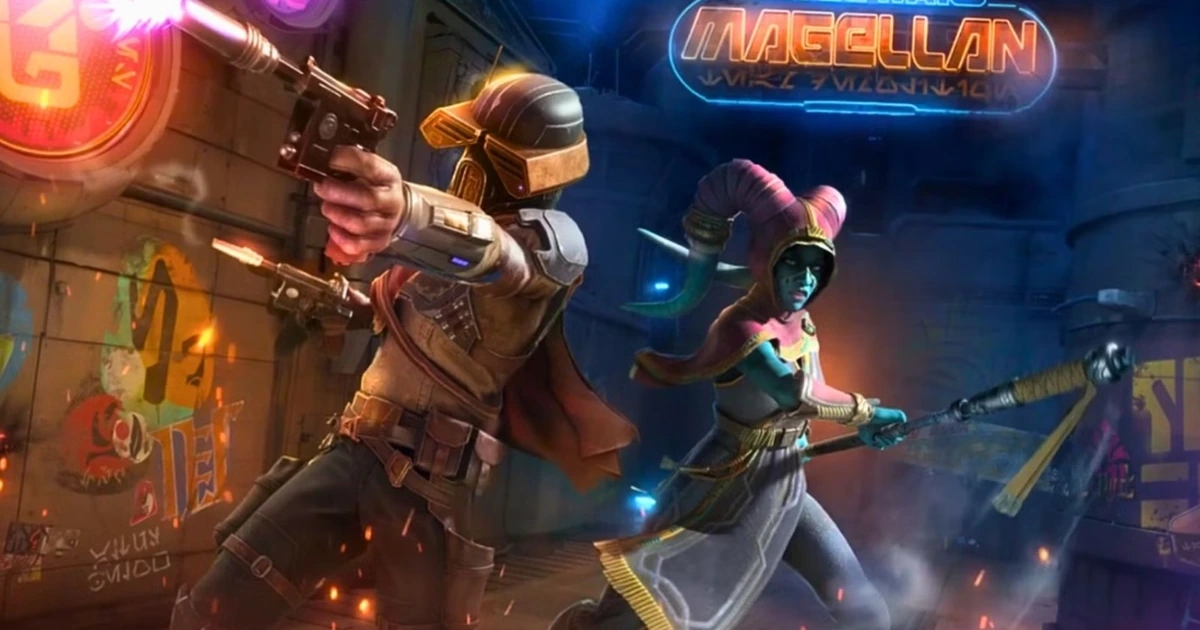 ภาพคีย์อาร์ตโปรโมตเกม Star Wars Magellan แมนดาโลเรียนและเจได Twi'lek ต่อสู้ใต้แสงไฟนีออน