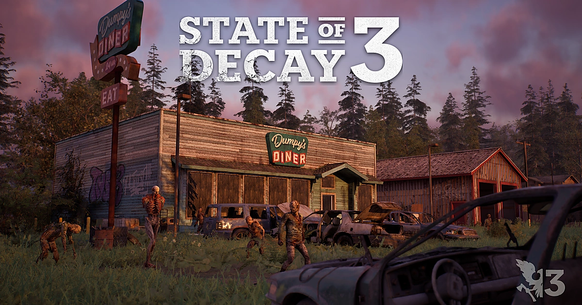 ป้ายร้านอาหาร Dumpy's DINER และซากรถยนต์ท่ามกลางฝูงซอมบี้ใน State of Decay 3