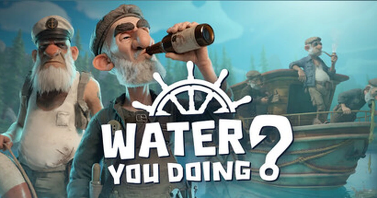 ภาพคีย์อาร์ตทางการเกม Water You Doing แสดงกัปตันถือขวดเครื่องดื่มที่พวงมาลัยเรือพร้อมโลโก้เกม