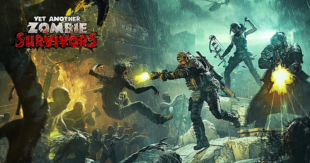 ภาพคีย์อาร์ตทางการ Yet Another Zombie Survivors แสดงทีมผู้รอดชีวิตกำลังยิงต่อสู้กับฝูงซอมบี้