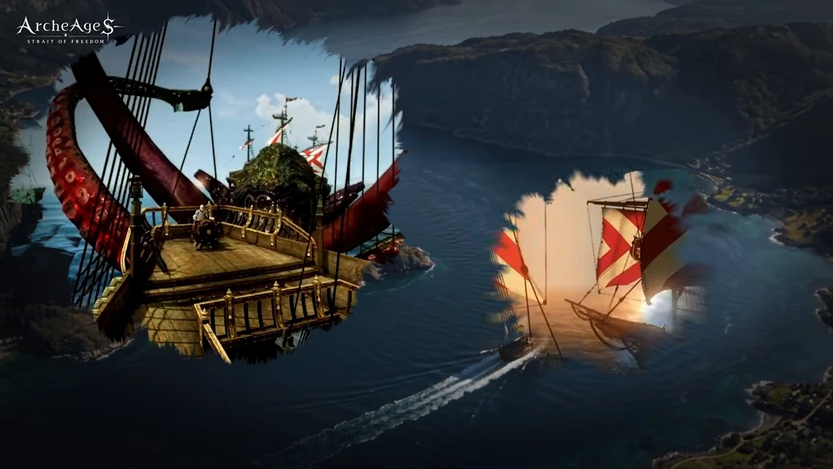 เรือหลายลำแล่นเผชิญหน้ากันกลางทะเลใน ArcheAge S