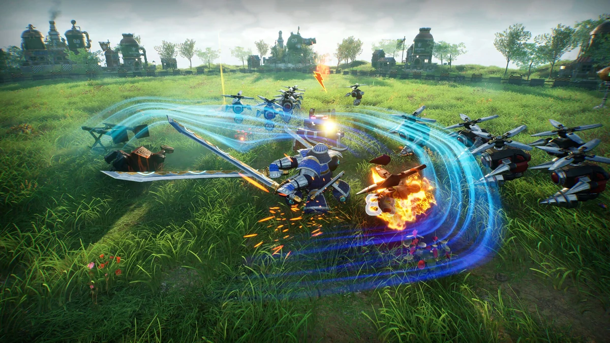หุ่นยนต์สีน้ำเงินถือดาบกำลังฟันศัตรูจำนวนมากใน Ballistic Brews Demo
