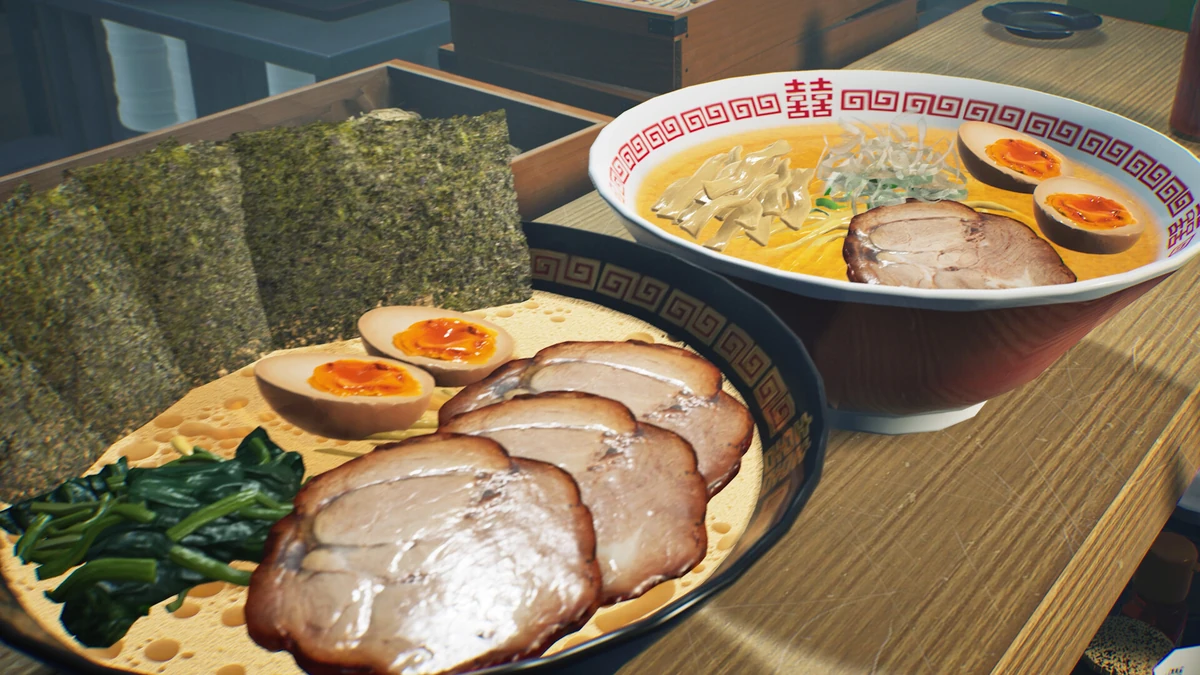 ราเม็งสองชามบนเคาน์เตอร์ มีหมู ไข่ และสาหร่ายใน Japanese Ramen Simulator