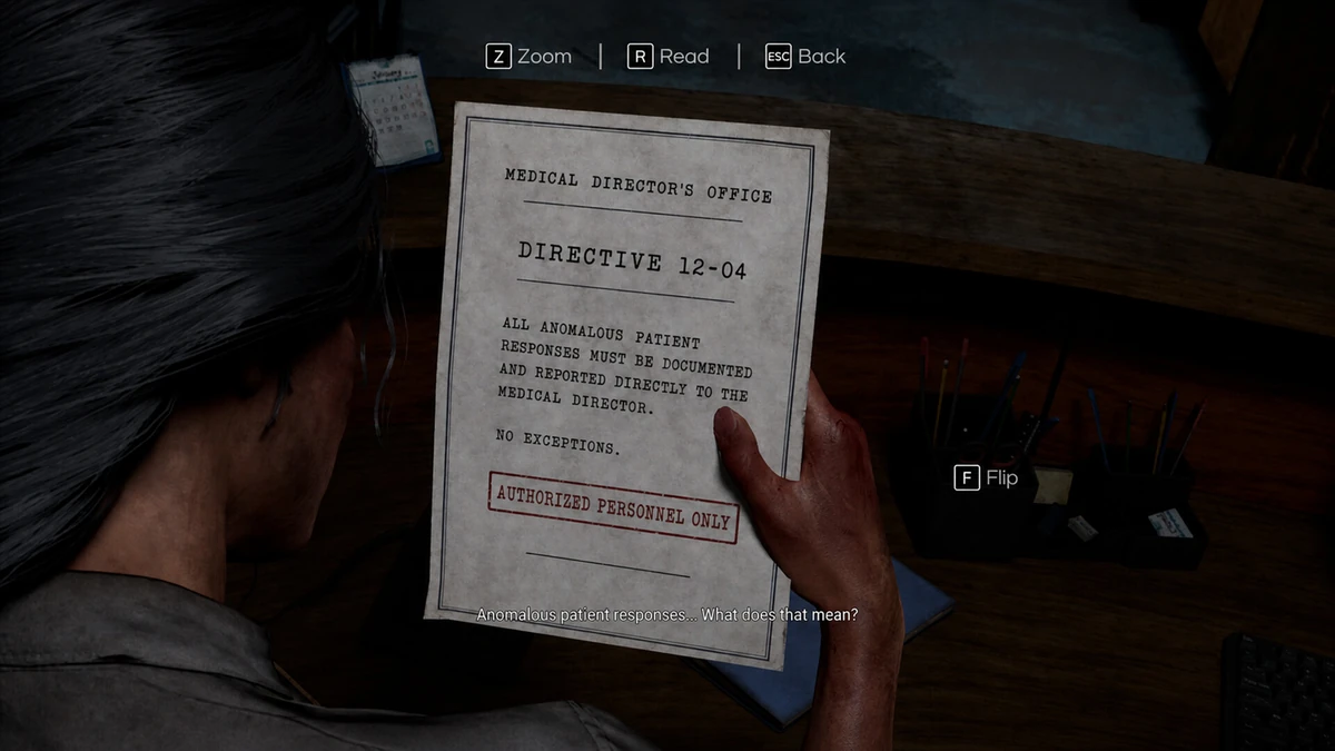 ตัวละครเปิดอ่านเอกสาร Directive 12-04 เหนือโต๊ะทำงานใน Locked In: The Ward