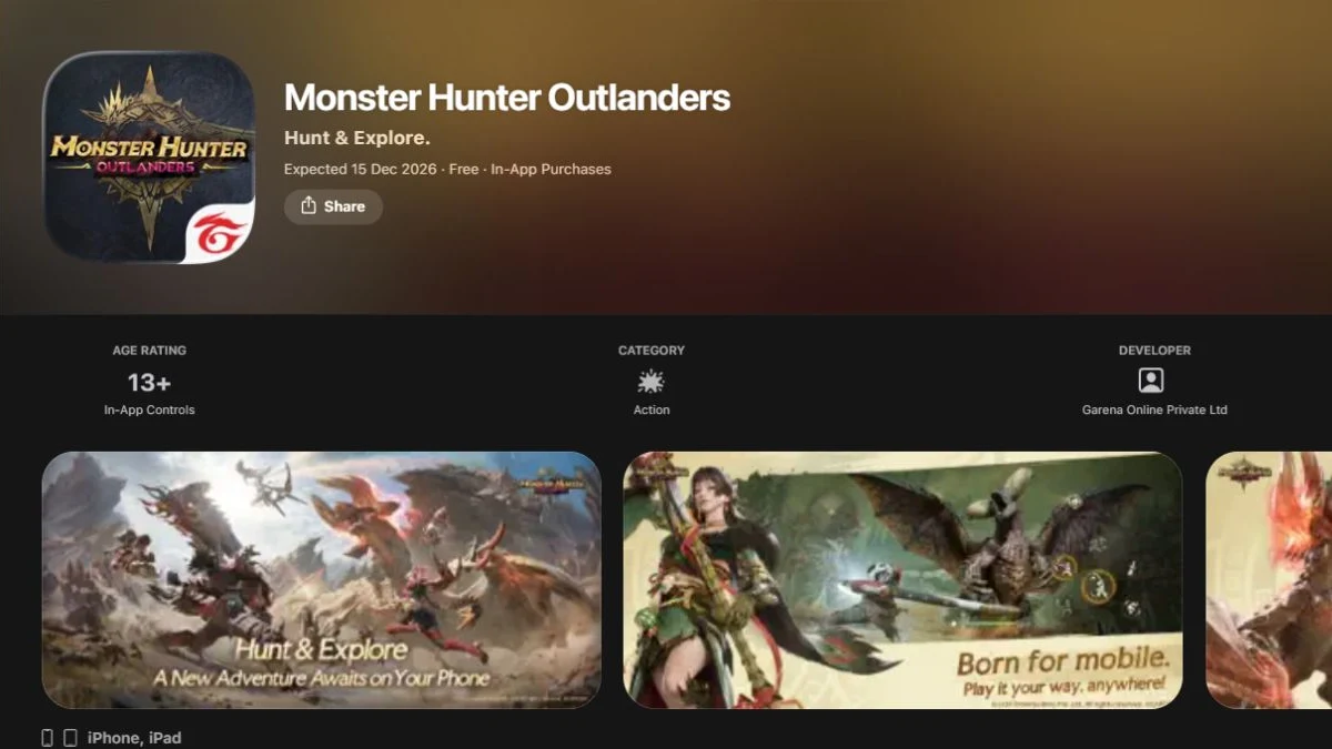 หน้าร้าน Monster Hunter Outlanders แสดง Expected 15 Dec 2026 และผู้เผยแพร่ Garena