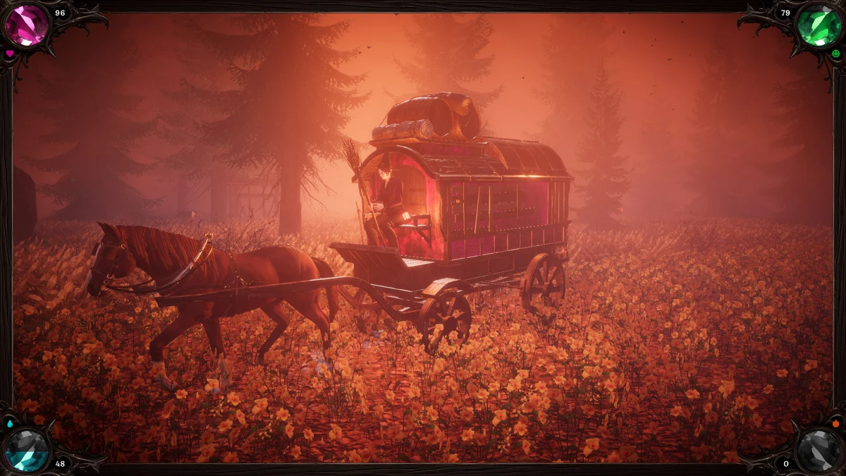 ม้าลากเกวียนไม้มีหลังคาในป่าสีส้มของ Pumpkin Woods