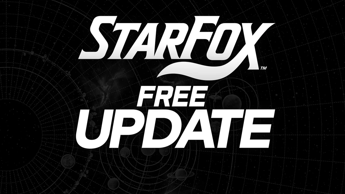 โลโก้ Star Fox และข้อความ Free Update สีขาวบนพื้นหลังดำ