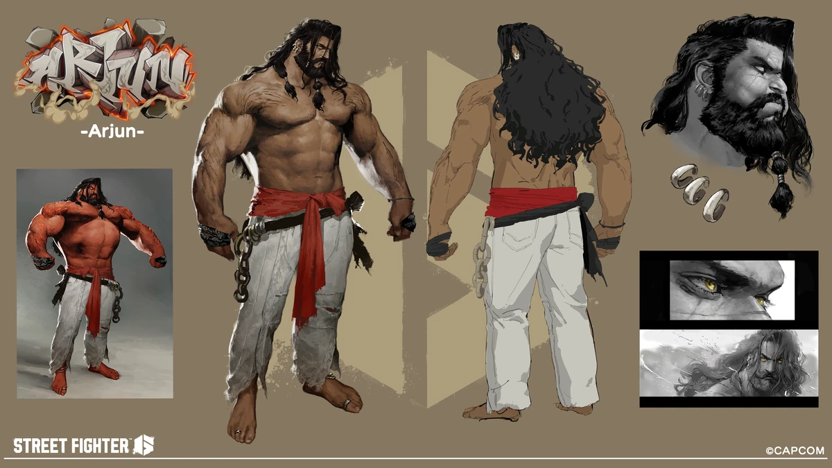 แผ่นออกแบบ Arjun แสดงชายผมยาวสวมกางเกงขาวและผ้าคาดเอวแดงหลายมุม พร้อมภาพขยายใบหน้าและดวงตา