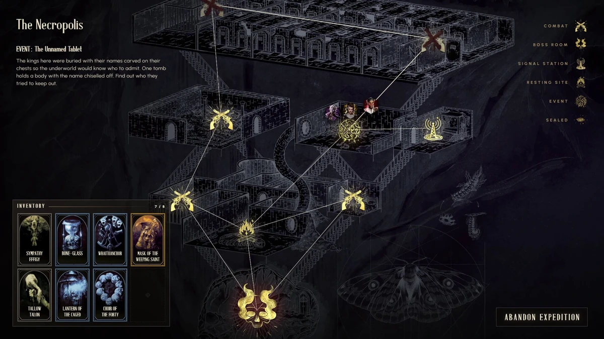 หน้าจอแผนผังเส้นทางสำรวจ The Necropolis ในนครโบราณ Ravelle ของเกม WANE