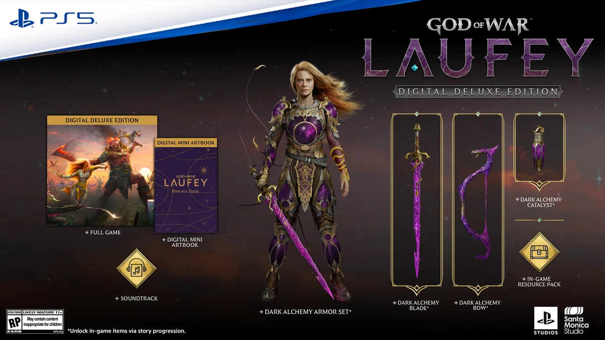 ภาพ Digital Deluxe แสดงชุดเกราะสีม่วงทอง ดาบ ธนู และอาร์ตบุ๊ก