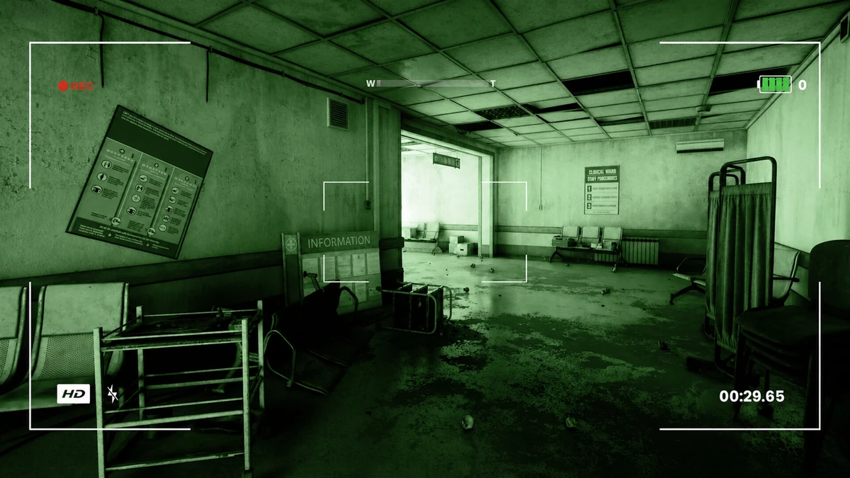 มุมมองผ่านกล้องโทนสีเขียวภายในโถงวอร์ดทรุดโทรมของ Locked In: The Ward