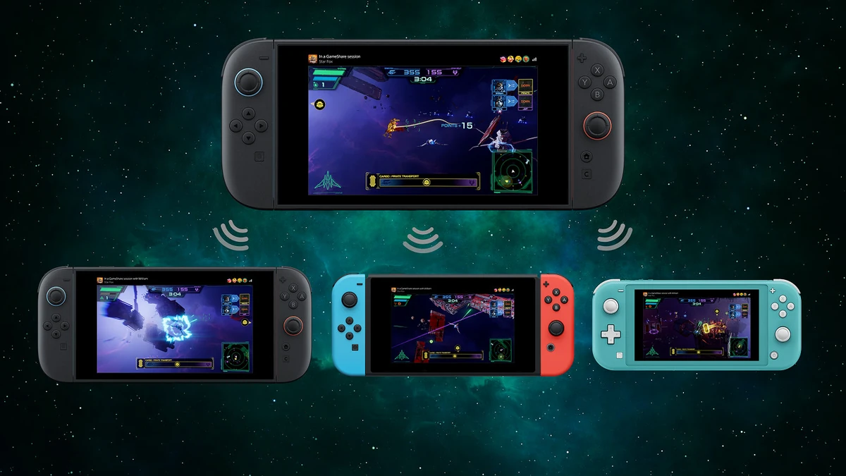เครื่องเล่นพกพาสี่เครื่องแสดงเกม Star Fox และสัญลักษณ์เชื่อมต่อไร้สาย