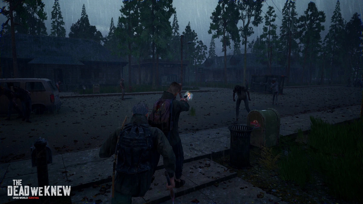 ภาพสกรีนช็อตทางการ การต่อสู้กับฝูงซอมบี้ท่ามกลางสายฝนและหมอกในเกม THE DEAD WE KNEW
