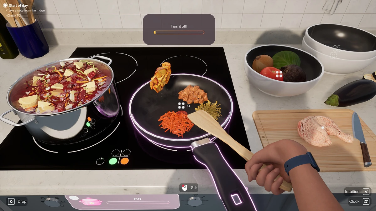มือผู้เล่นทำอาหารบนเตา มีกระทะ หม้อ และวัตถุดิบใน Woman Simulator
