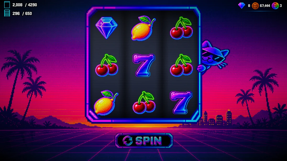 หน้าจอเครื่องสุ่มสีสดมีผลไม้ เพชร เลข 7 และปุ่ม SPIN