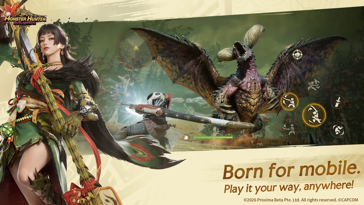 ภาพโปรโมต Monster Hunter Outlanders แสดงนักล่าเผชิญมอนสเตอร์มีปีก พร้อมปุ่มสัมผัสด้านขวา