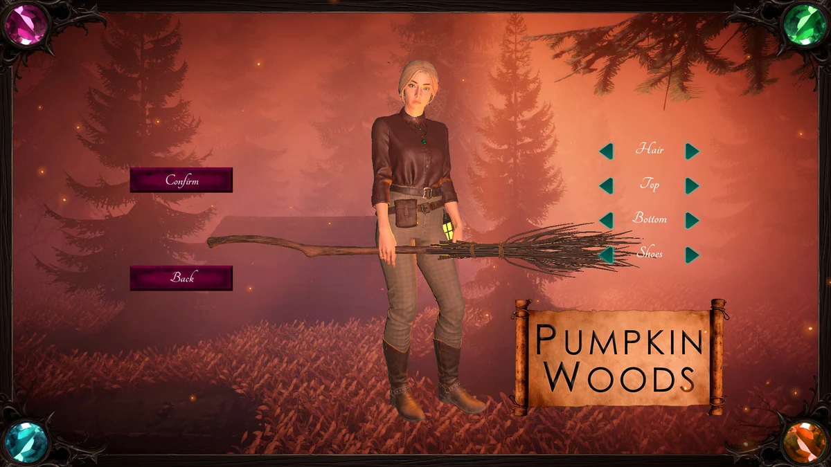 หน้าเลือกทรงผมและเสื้อผ้าตัวละครที่ถือไม้กวาดใน Pumpkin Woods