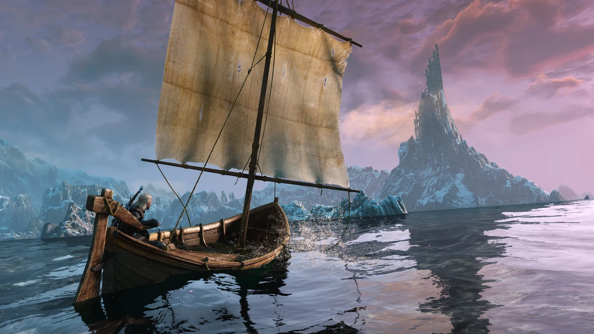 ชายผมขาวนั่งเรือใบลำเล็กกลางน้ำ โดยมียอดเขาหินสูงและภูเขาหิมะอยู่ข้างหน้า