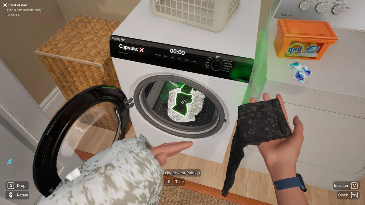ผู้เล่นยกเสื้อผ้าหน้าเครื่องซักผ้าใน Woman Simulator
