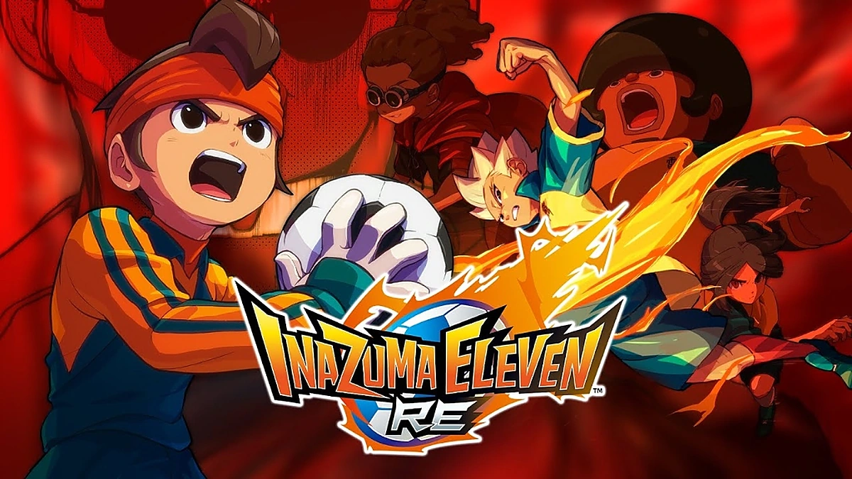 ภาพตัวละครเอนโดและโกเอนจิพร้อมโลโก้เกม Inazuma Eleven RE ท่ามกลางเปลวไฟอัคคีสลาตัน