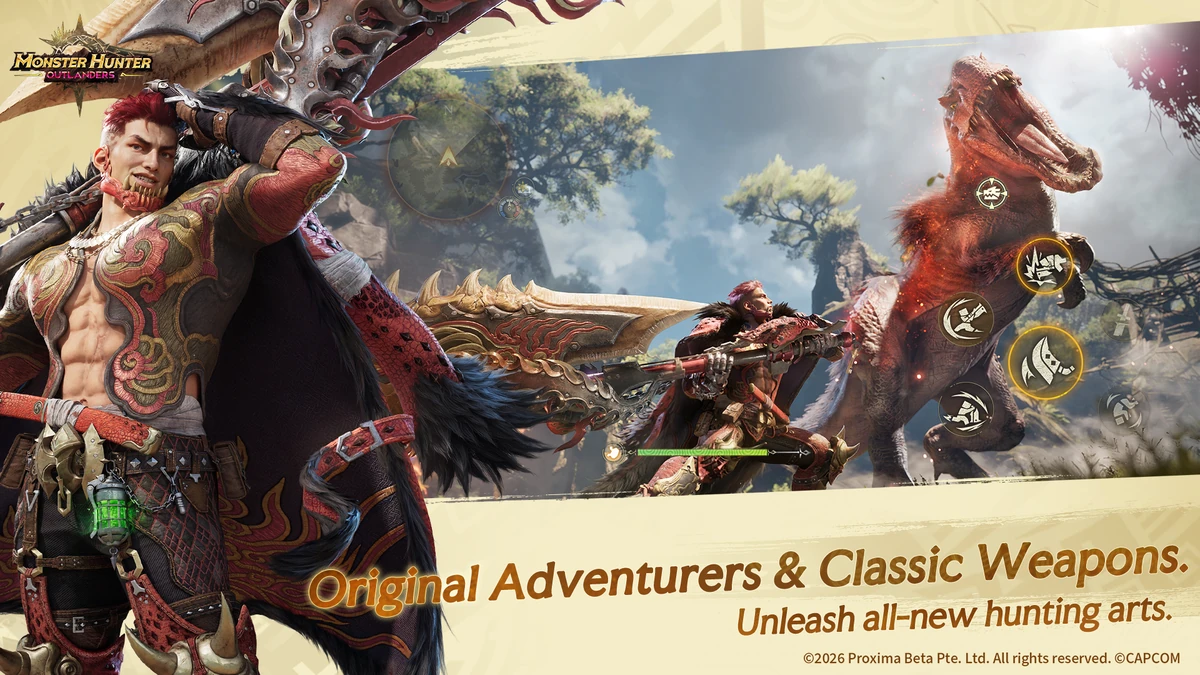 ภาพโปรโมต Monster Hunter Outlanders แสดงนักล่าผมแดงถืออาวุธขนาดใหญ่ใกล้มอนสเตอร์สีแดง