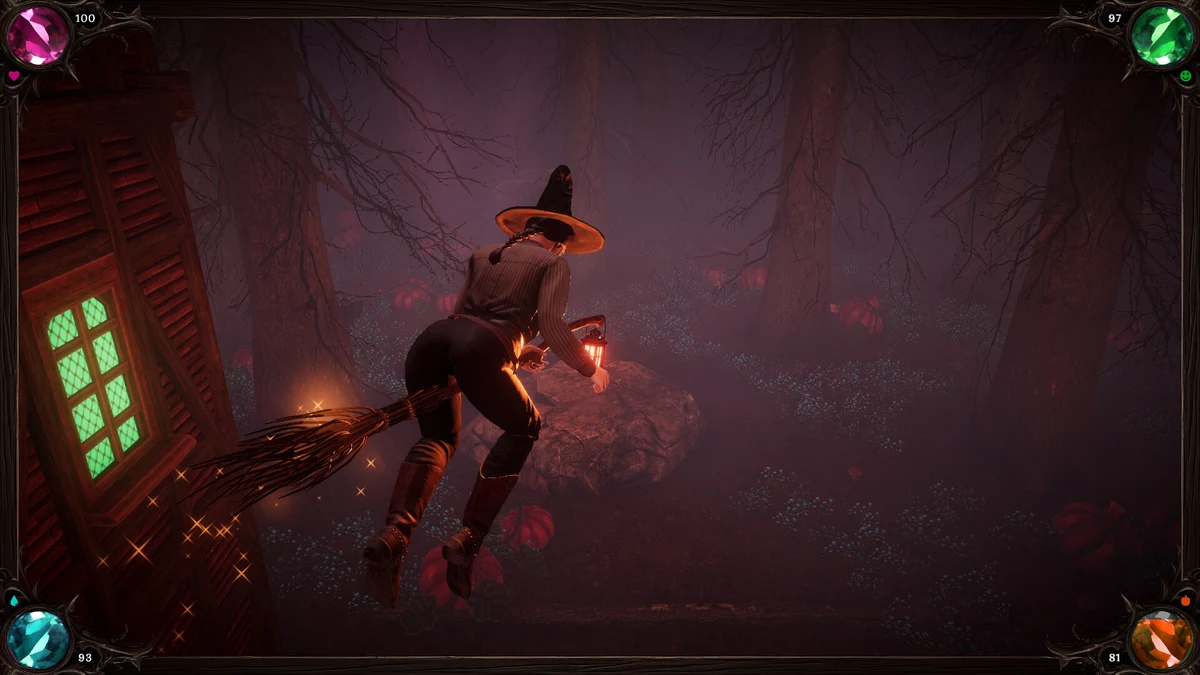ตัวละครขี่ไม้กวาดลอยเหนือพื้นใกล้กระท่อมใน Pumpkin Woods