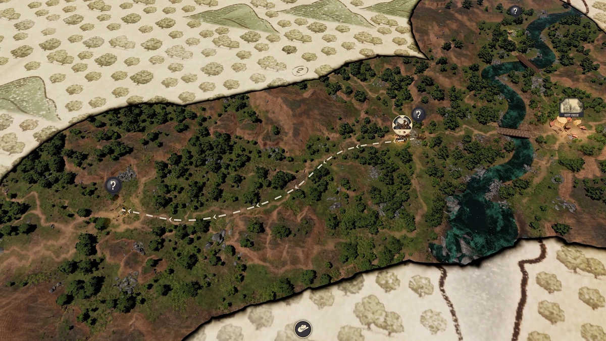 แผนที่มีแม่น้ำ สะพาน จุดเครื่องหมายคำถาม และเส้นประบอกเส้นทาง