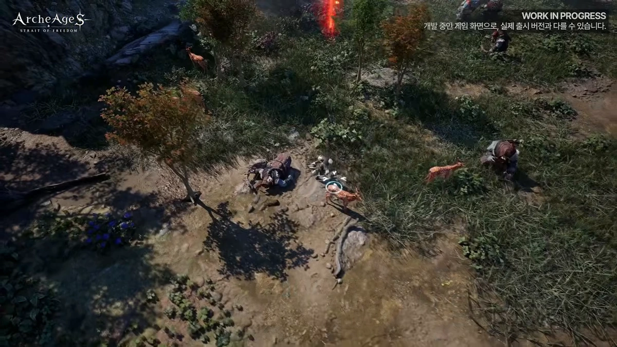 ตัวละครมุมสูงถูกสัตว์หลายตัวล้อมอยู่ในพื้นที่ป่าของ ArcheAge S