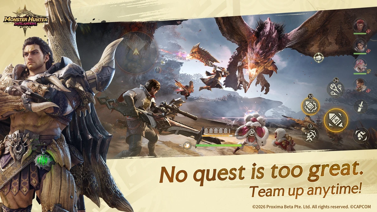 ภาพโปรโมต Monster Hunter Outlanders แสดงนักล่าหลายคนต่อสู้กับมอนสเตอร์บินและแถบสมาชิกด้านขวา