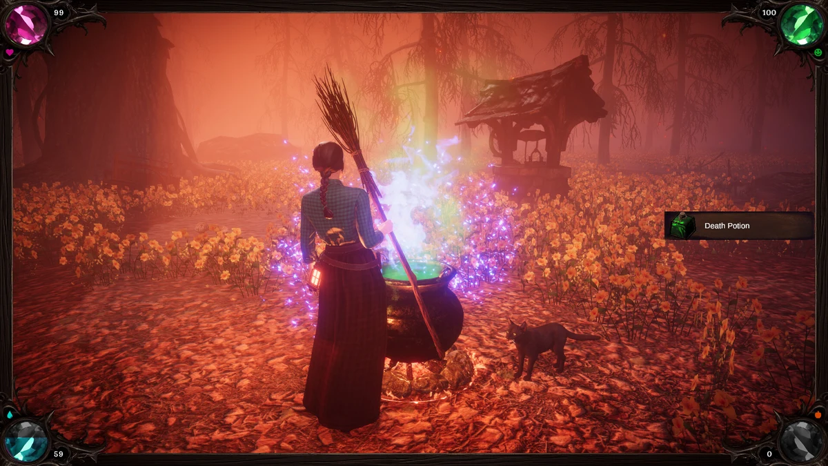 ตัวละครยืนหน้าหม้อเรืองแสงและแมวดำใน Pumpkin Woods