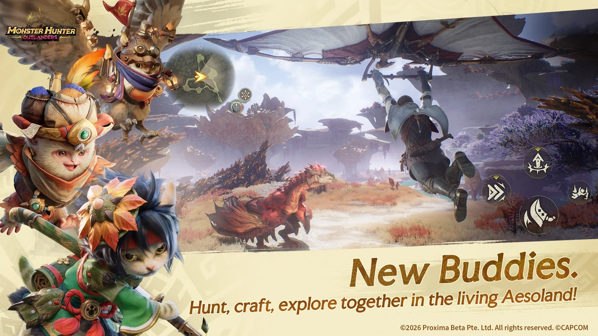 ภาพโปรโมต Monster Hunter Outlanders แสดงนักล่าใต้เครื่องร่อนเหนือพื้นที่หินและพืชสีม่วง