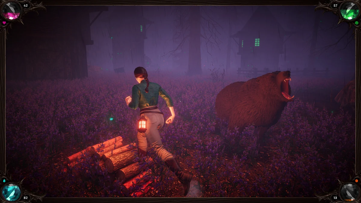 ตัวละครวิ่งใกล้หมีสีน้ำตาลใน Pumpkin Woods