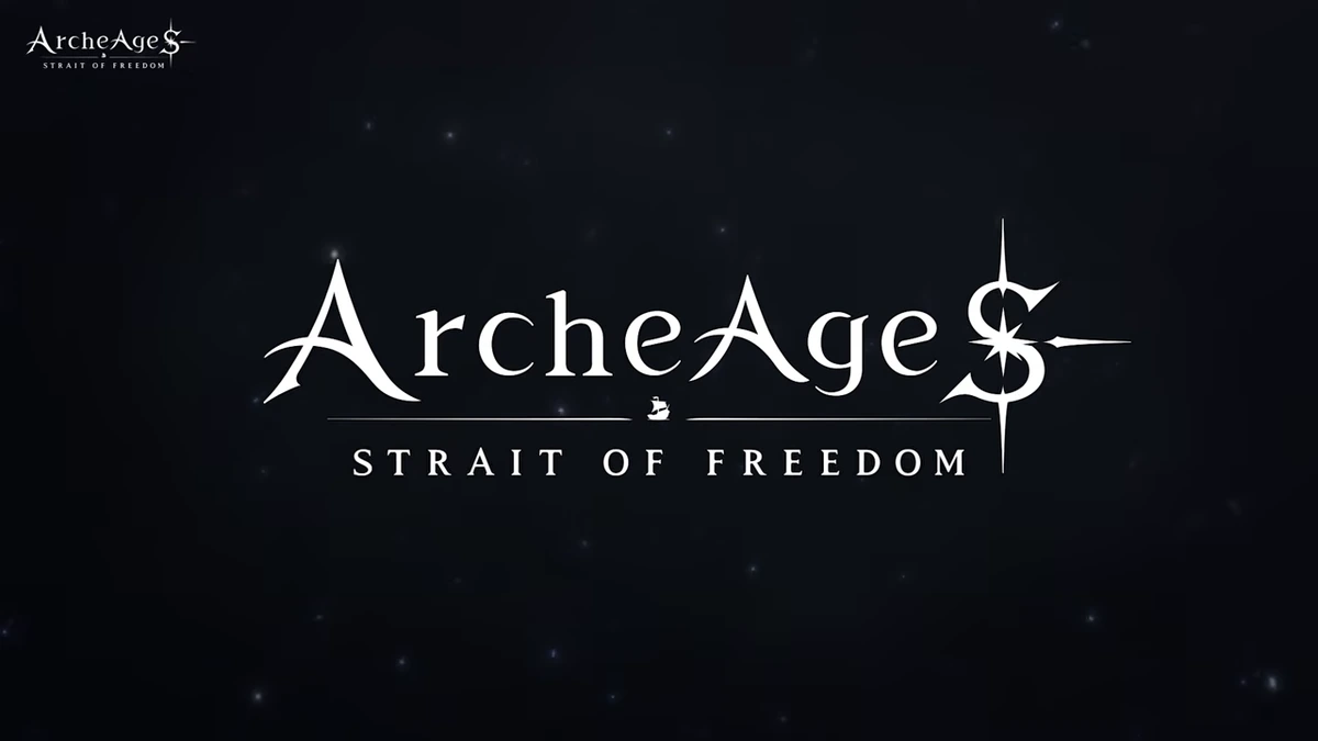 โลโก้ ArcheAge S Strait of Freedom สีขาวบนพื้นหลังสีดำ