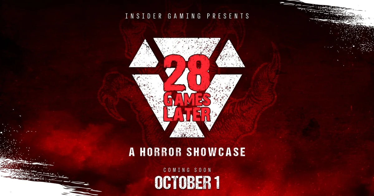 คีย์อาร์ตสีแดงดำของ 28 Games Later: A Horror Showcase พร้อมโลโก้รูปทรงเรขาคณิตสีขาว