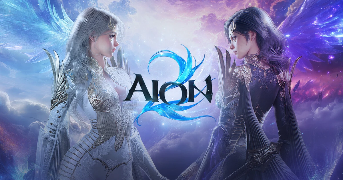 ตัวละครสองฝ่ายหันหน้าเข้าหากัน มีโลโก้ AION 2 อยู่ตรงกลางบนพื้นหลังสีฟ้าและม่วง