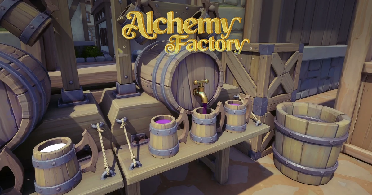 โลโก้ Alchemy Factory เหนือถังไม้และภาชนะบรรจุของเหลวสีม่วง