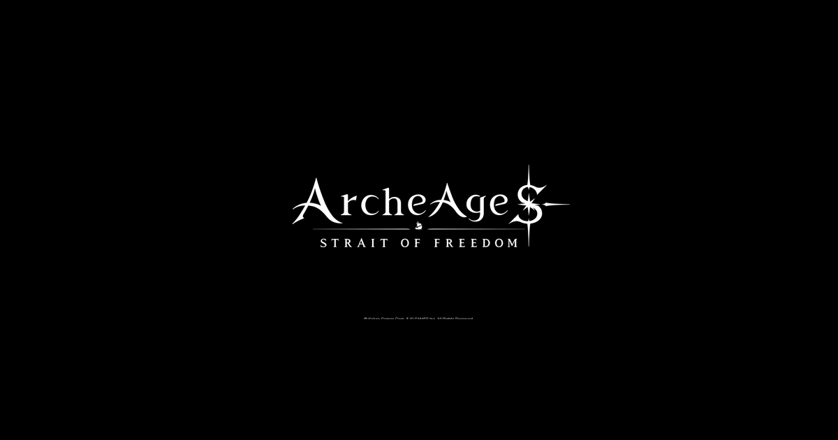 โลโก้สีขาว ArcheAge S: Strait of Freedom บนพื้นหลังสีดำ