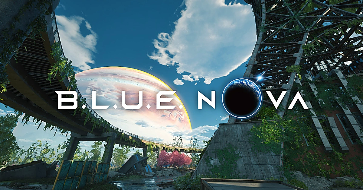 ภาพคีย์อาร์ตหลักทางการ B.L.U.E. NOVA แสดงกลุ่มตัวละครฮีโร่และโลโก้ชื่อเกม