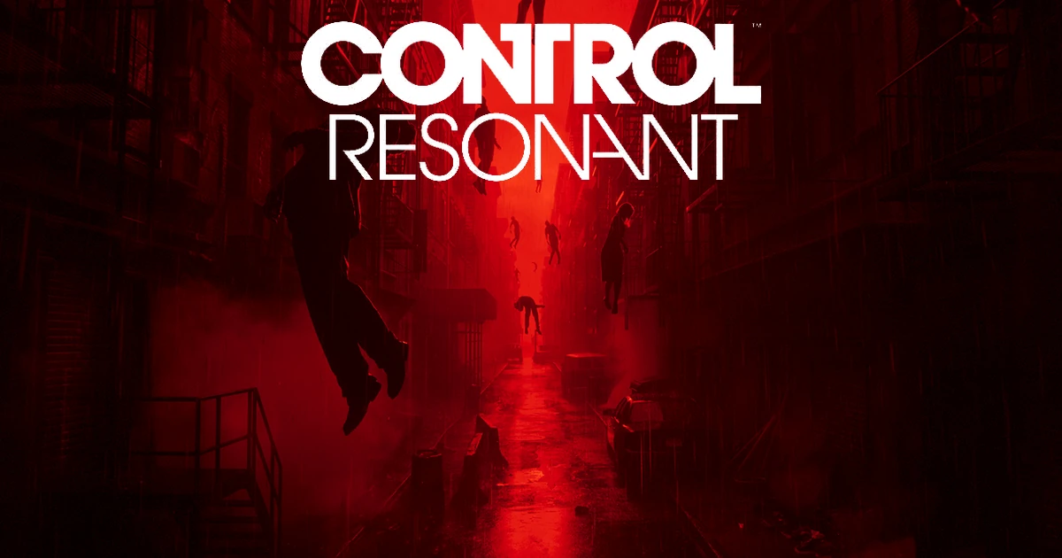 โลโก้ CONTROL RESONANT เหนือถนนเมืองสีแดงที่มีร่างคนลอยกลางอากาศ