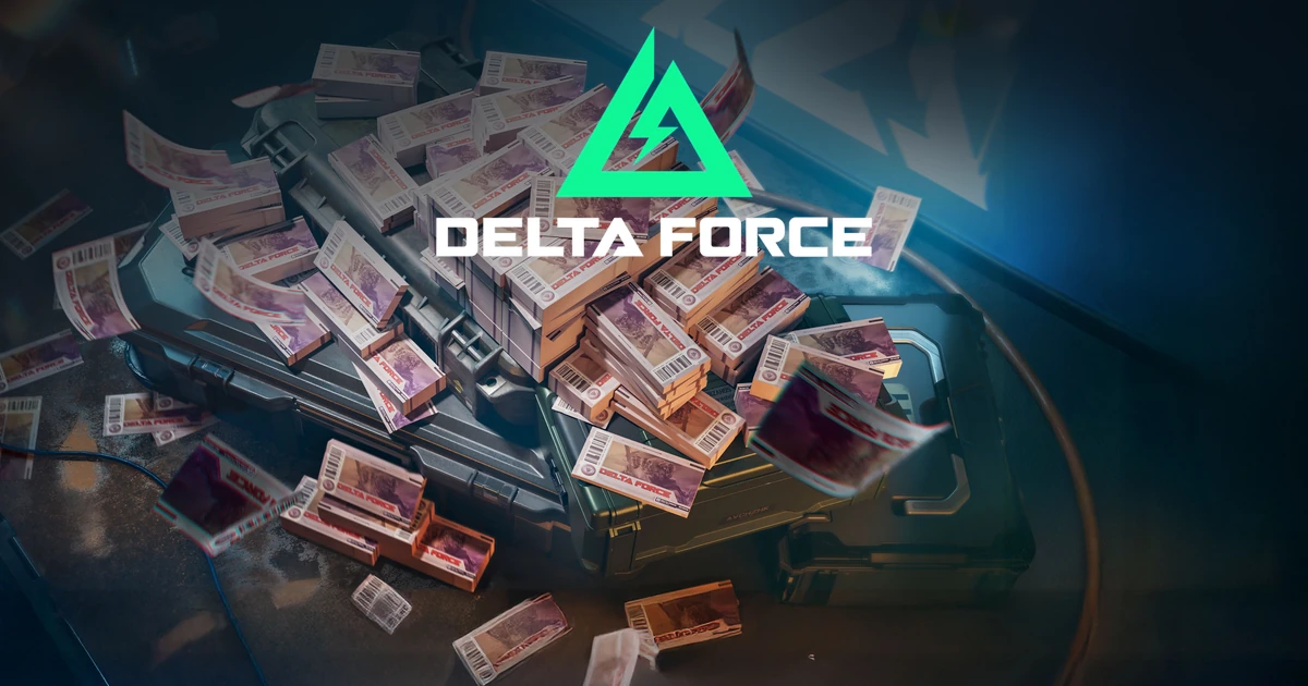 โลโก้ Delta Force สีเขียวเหนือกองธนบัตรในภาพโปรโมตกิจกรรม